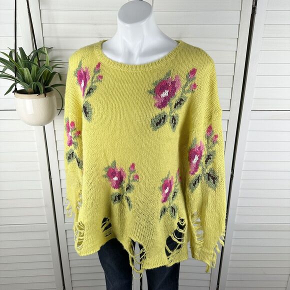 Wildfox White Label Little Edie Lennon Sweater Yellow‎ Floral Destroyed Size XS - Picture 1 of 8
